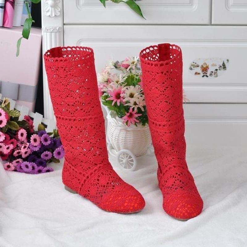 2025 neue Frühling Spitze hohl Martin Stiefel Einzelstiefel flache hohe Stiefel Netzstiefel coole Stiefel Lochschuhe Damenstiefel 40 rot