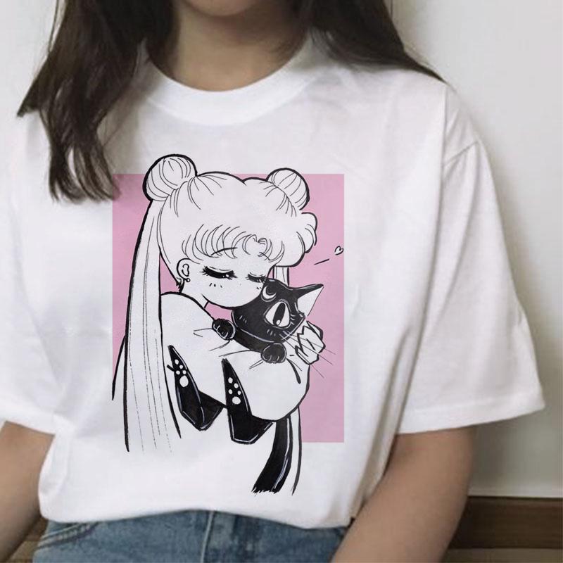 Sailor Moon T-Shirt Damenmode Kurzarm T-Shirt Harajuku Vintage Femme T-Shirt S weiß