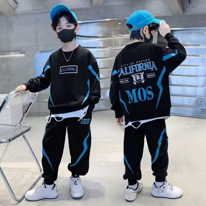 Kinderkleidung Jungen Frühling Pullover Oberteil & Sporthose 2-teiliges Anzug Set Teenager Junge Trendiger Buchstabe Trainingsanzug Sweatshirt Outfit 120 schwarz
