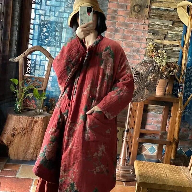 Johnature Leinen Druck Vintage Frauen Mäntel Chinesischen Stil Frühling Volle Hülse Lose Retro Oansatz Baumwolle Warme Parkas Mäntel One Size rot
