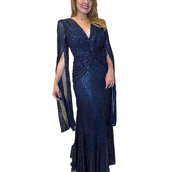 Damen Abendkleid Schlitzärmel Tiefer V-Ausschnitt Glänzende Pailletten Slim Fit XL dunkelblaue