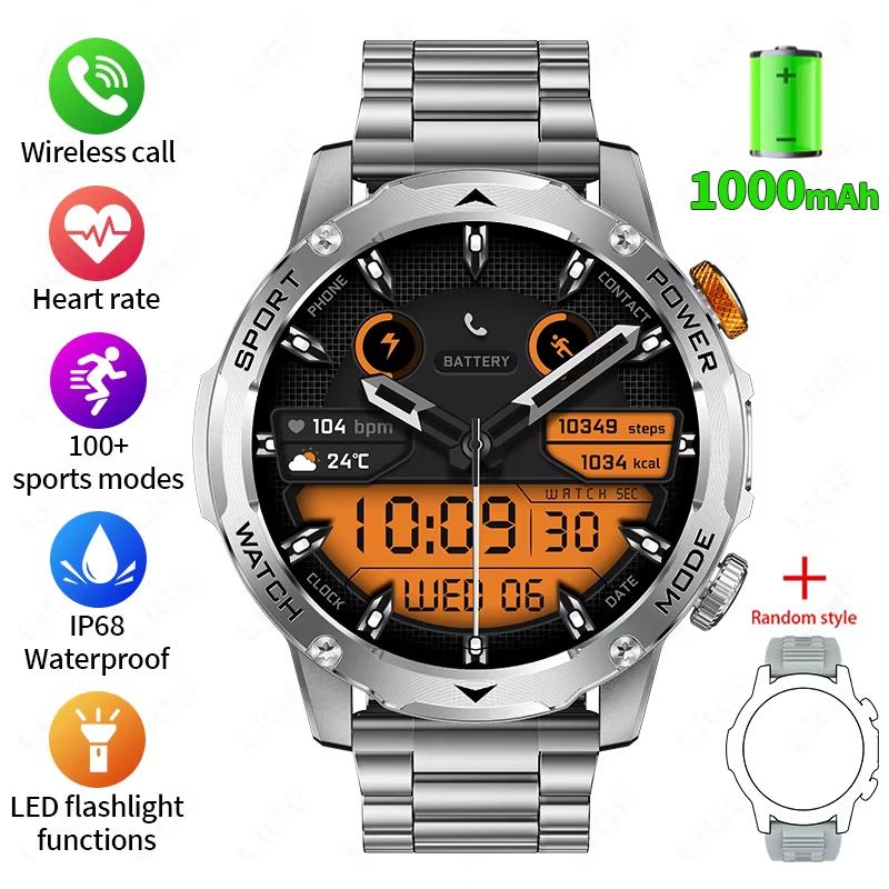 2025 Neue Militärische Edition Smartwatch Herren 1000mAh Akku 1,7-Zoll AMOLED HD Display Bluetooth Anruf Uhr Smartwatch LED Taschenlampe steel belt grau