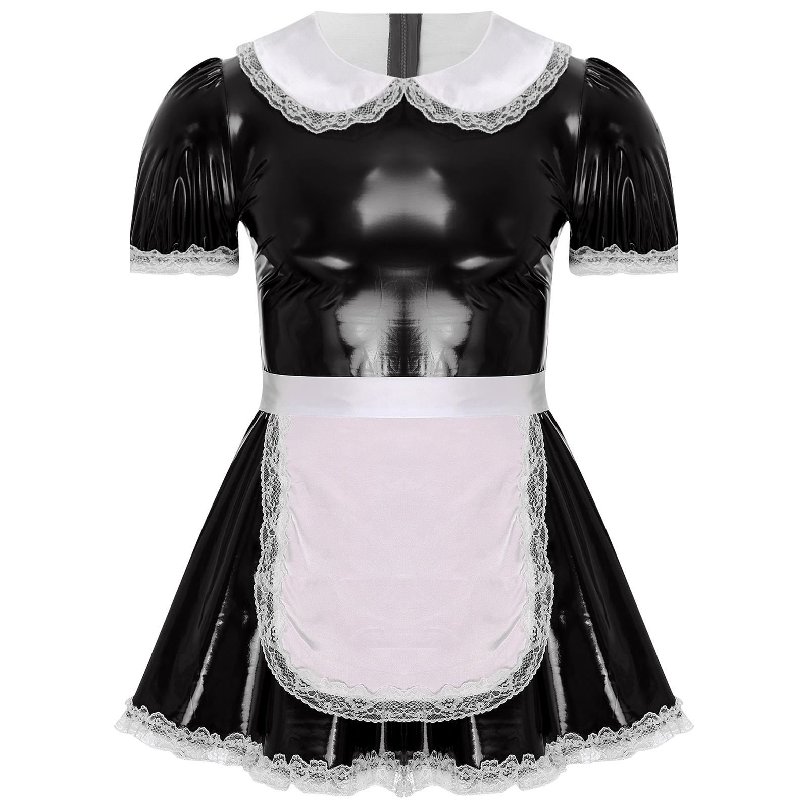 Herren Lackleder Hausmädchen Schürzenkleid Puppenkragen Puffärmel Rüsche Spitze Crossdresser Kostüm 3XL schwarz