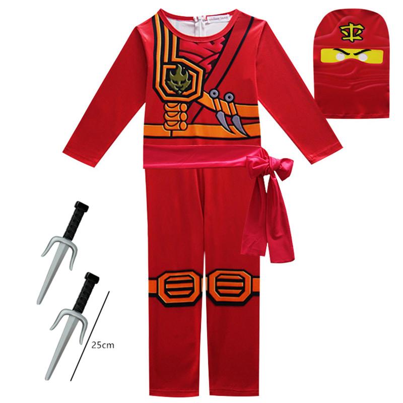 Kinder Bein Ninja Cosplay Superheld Jumpsuit Kinder Anime Ninja Kostüm Kostüm für Kostümparty Karneval Halloween Kostüm mit Spielzeuggabel 140 red