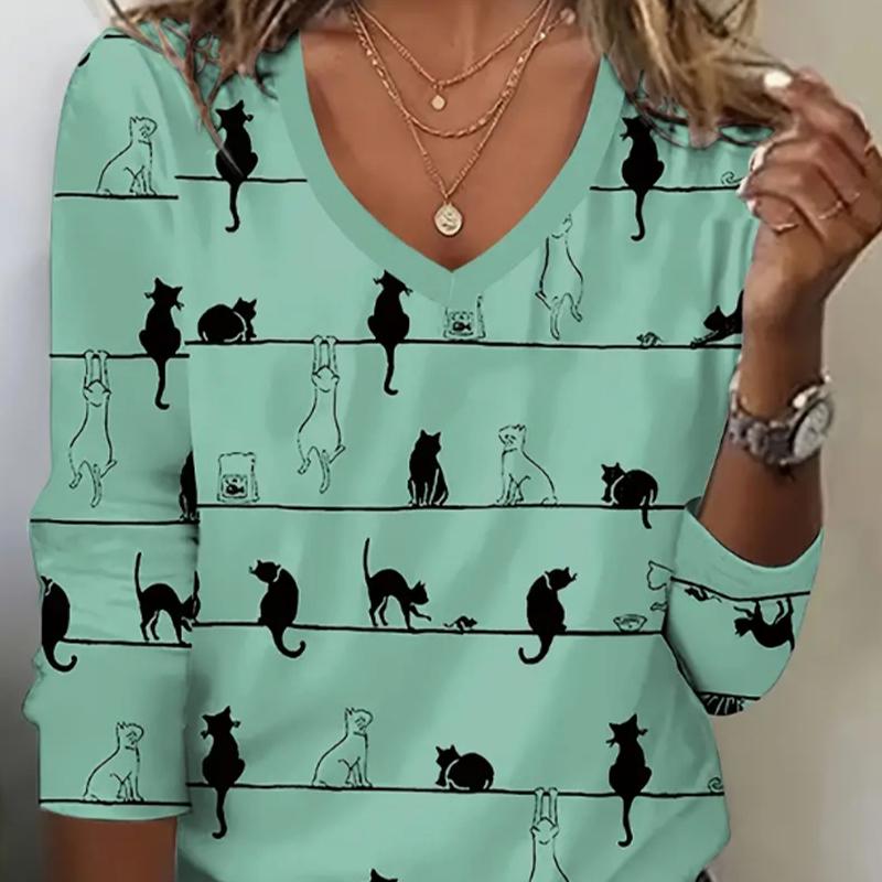 Süße Katze Print Frauen T-Shirts Damen Tops Langarm V-Ausschnitt Pullover Femme T-Shirts T-Shirt für Frauen 4XL grün