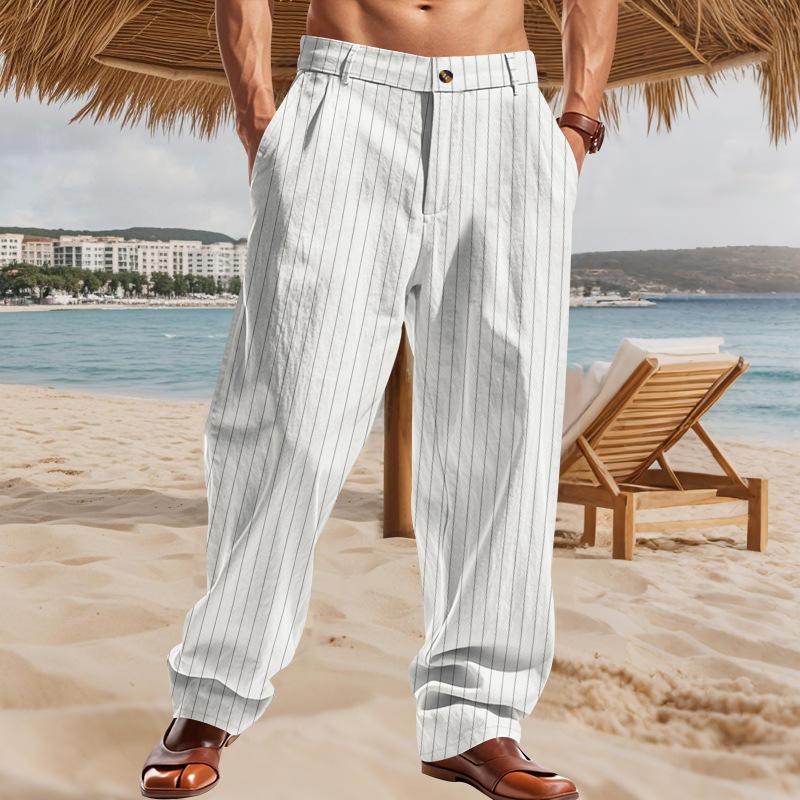 Herren Baumwolle Leinen Hose Locker Kühl Gestreift Lässig Strand Lange Hose Reißverschluss Große Größen Streetwear Mode Leichte Hose 2XL weiß