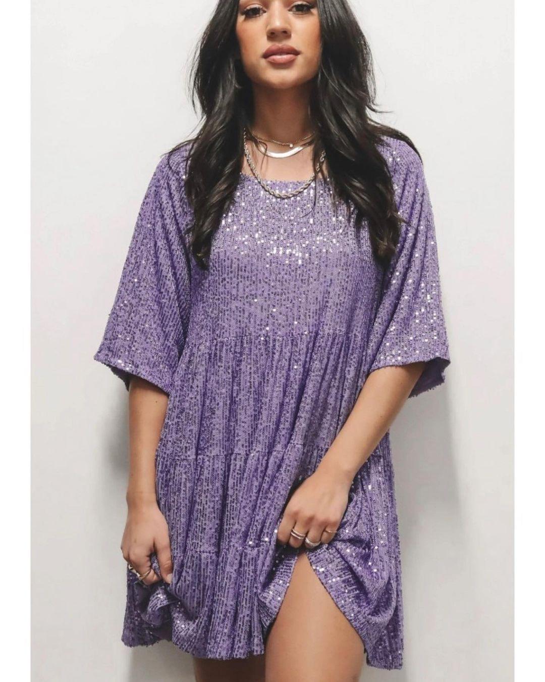 2025 Einfarbig Pailletten Rundhals Locker in der Taille Kurzarm Abendkleid Double Extra Large violett