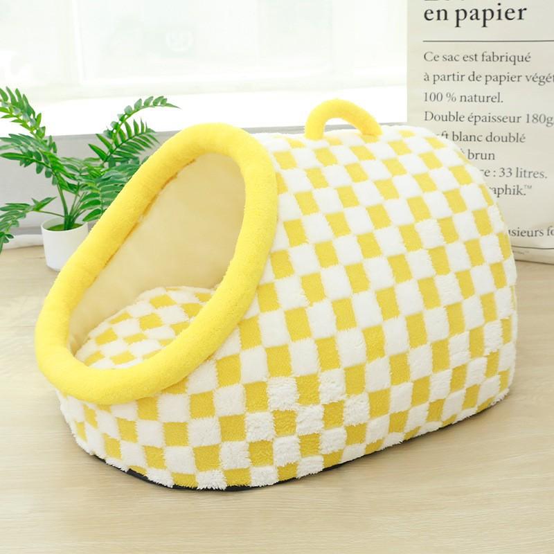 Verdicktes Dreidimensionales Katzenbett Macaron Doppelstrebig Herbst und Winter Warm Bohrend Hundehütte Kann Anheben Schwamm Hundehütte Gestreiftes Haustiernest Checkerboard Lift Nest - Yellow beige