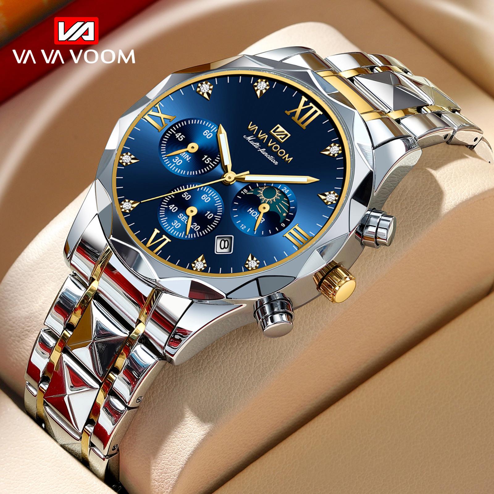 VA VA VOOM Quarzuhr Männer Top Marke Hohe Qualität Edelstahl 30M Wasserdicht Leucht Datum Woche Sport Business armbanduhren silber/blau