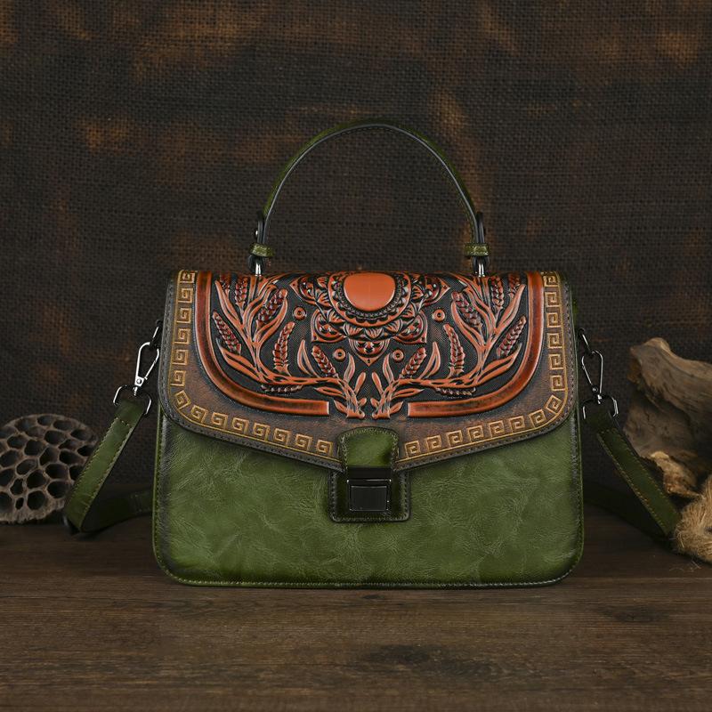 Johnature Handgemachte geprägte Damen Ledertasche Vintage Handtasche Vielseitige Schulter- und Umhängetaschen grün