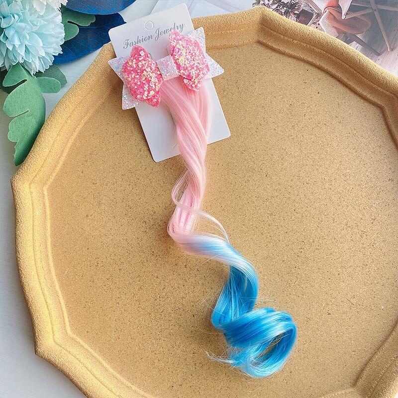 1pc Neue Mädchen Bunte Bögen Perücke Strass Haarspangen Haar Clips Glitter Gradienten Pferdeschwanz Haarband Haar Zubehör Stirnband