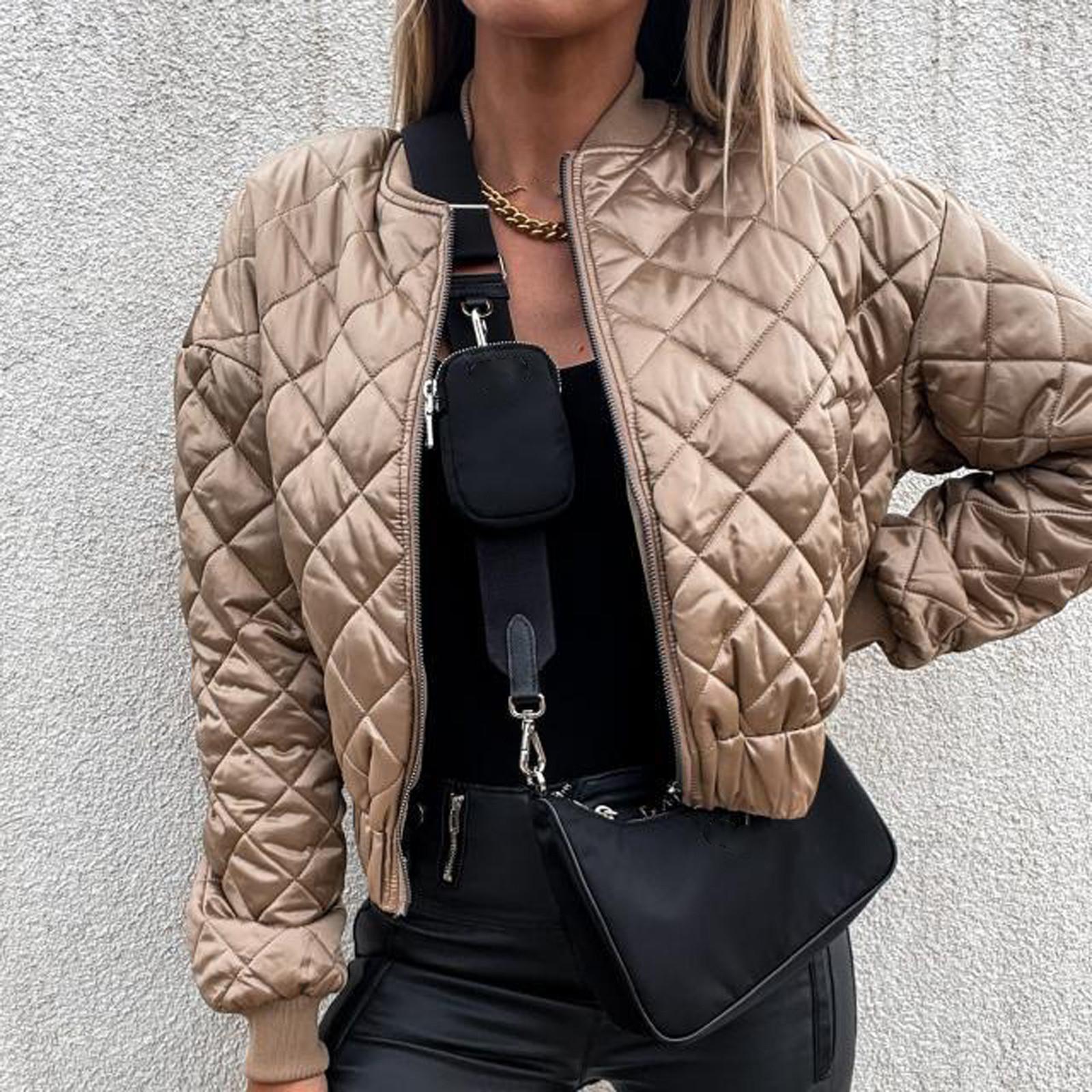 Mode Frauen Einfarbig Zipper Kurze Jacke Baumwolle Casual Jacke Mit Taschen Baumwolle Jacke S khaki