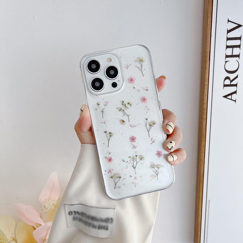 Handgefertigtes Handyzubehör Echte getrocknete gepresste Blumen Handyhülle für iPhone 17 Air 17 Pro Max 16 15 14 13 iPhone 13 Pro rosa