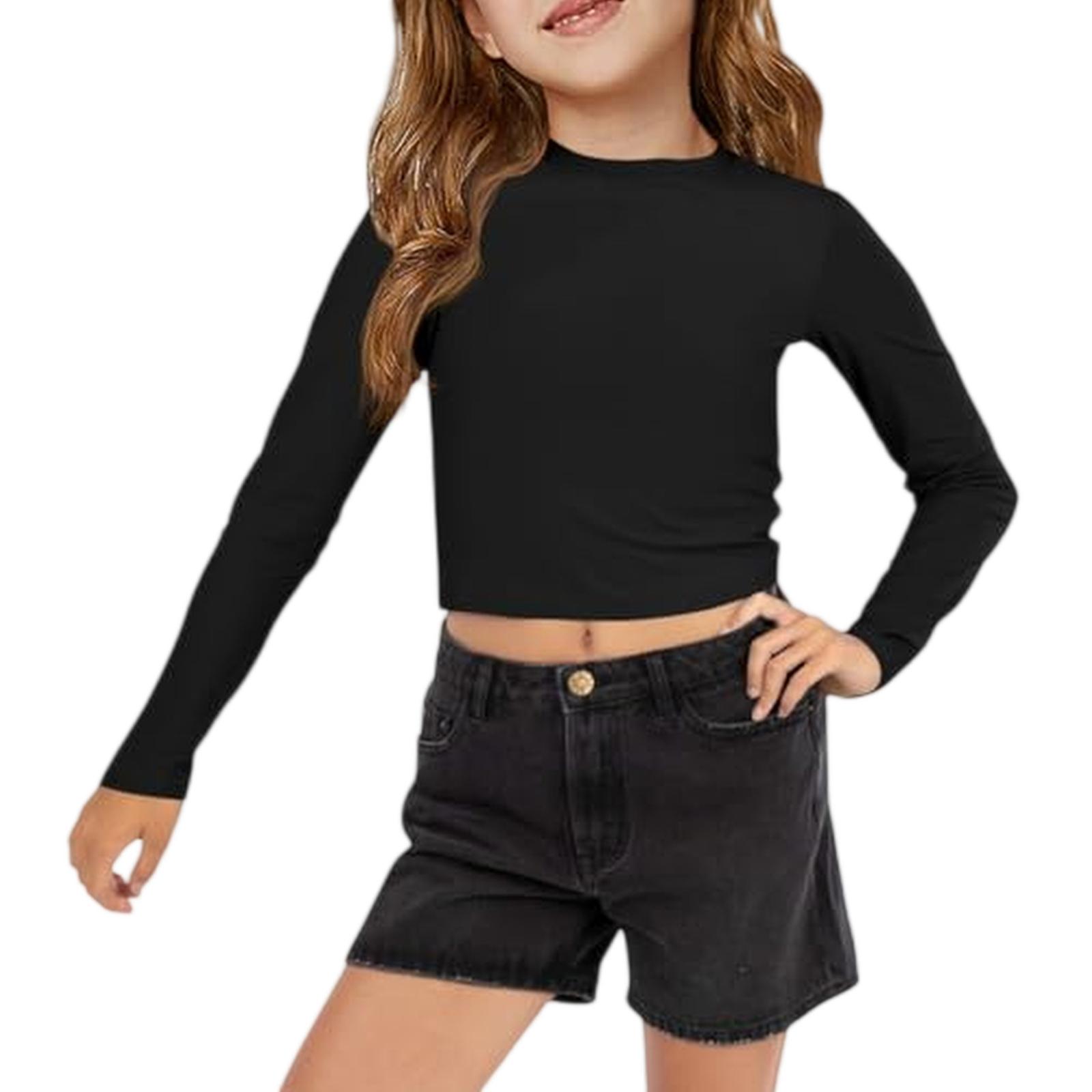 Langarm Crop Top für Mädchen Teenager Mädchen Kleidung Mädchen Kurzarmshirt Mädchen Oberteile T-Shirts & Blusen für den Alltag 140 schwarz