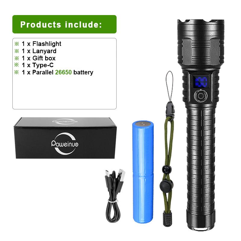 10000 mAh Hochleistungs-LED-Taschenlampen, Typ C, wiederaufladbare LED-Taschenlampe, 2000 m, extrem leistungsstarke Taschenlampe, LED-Laterne für den Außenbereich with battery, box schwarz