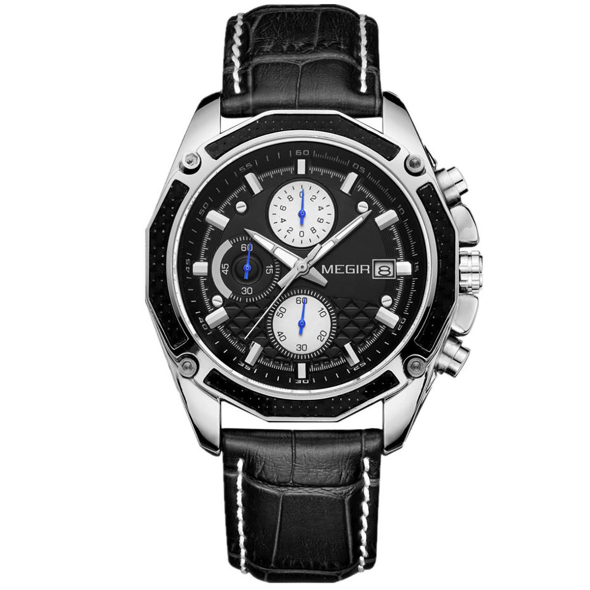 MEGIR Offizielle Quarz Männer Uhren Fashion Echtes Leder Chronograph Uhr Uhr für Sanfte Männer Männliche Studenten Reloj Hombre 2015 schwarz