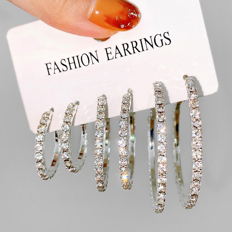 6Pcs Zirkon Geometrische Kreis Ohrringe Für Frauen Einfache Mode Temperament Licht Luxus Hoop Ohrringe Schmuck Zubehör silber