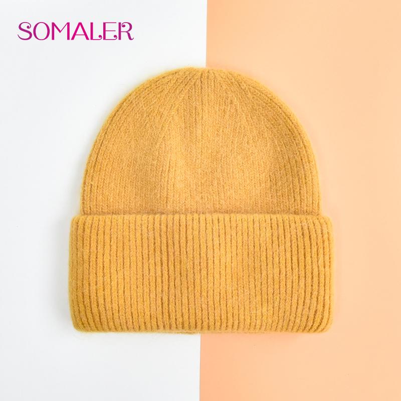 SOMALER Winter Angora Wolle Gestrickte Mütze Weich Warm Flauschig Kaninchenfell Strick Einfache Mützen für Damen ingwer