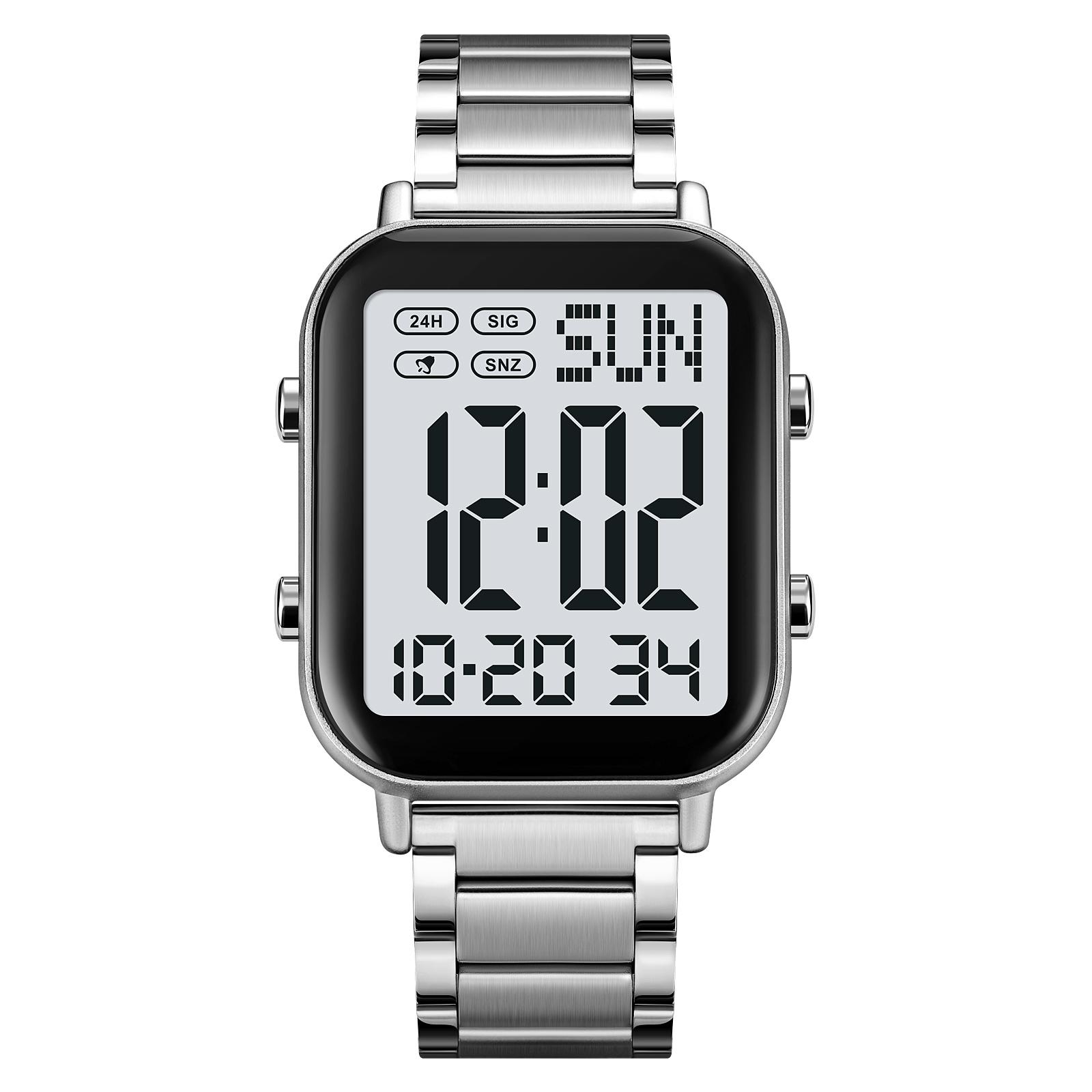 SKMEI Digitaluhr für Männer und Frauen, 30 m wasserdicht, Armbanduhren mit Hintergrundbeleuchtung, 1/100 Sekunde White silber