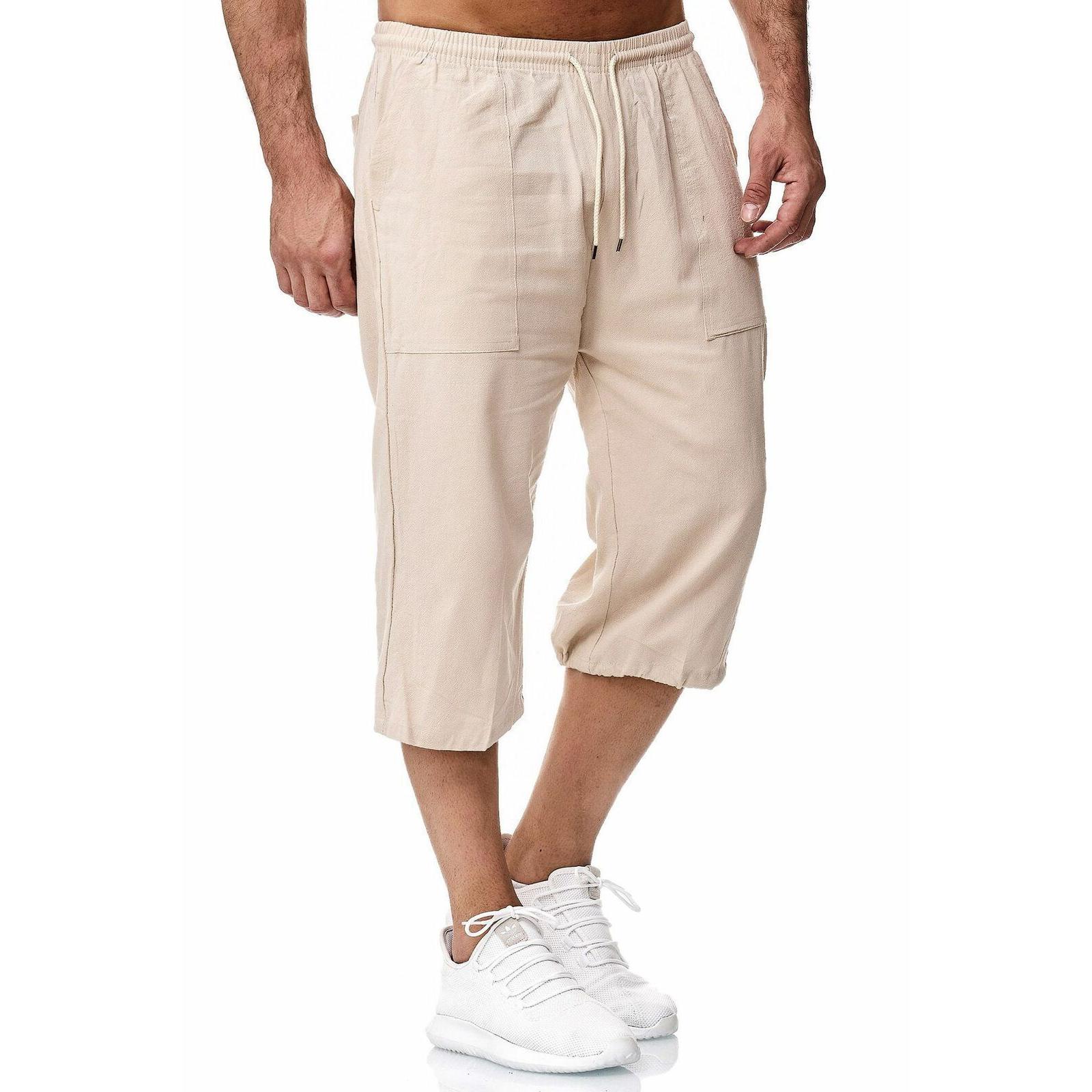 Herren Casual Baumwolle und Leinen Sport Hosen Sommer Leinen Cropped Casual Hosen Baumwolle und Leinen Hosen Männer M beige