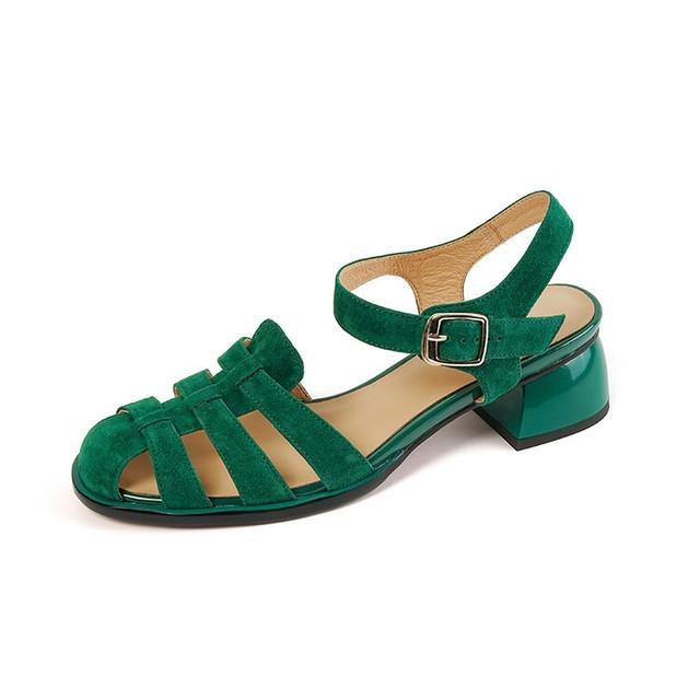 Sommer Damenschuhe Runde Zehen Damen Sandalen Lässige Wildlederschuhe für Damen Roman Heels Grün Echtes Leder Mid Heels 35 grün