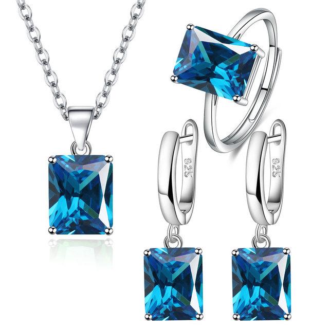 ANENJERY Quadratischen Zirkonia Anhänger Halskette Ohrringe Ring Schmuck Sets für Frauen Anniversary Party Schmuck Geschenk bijoux femme Resizable blau