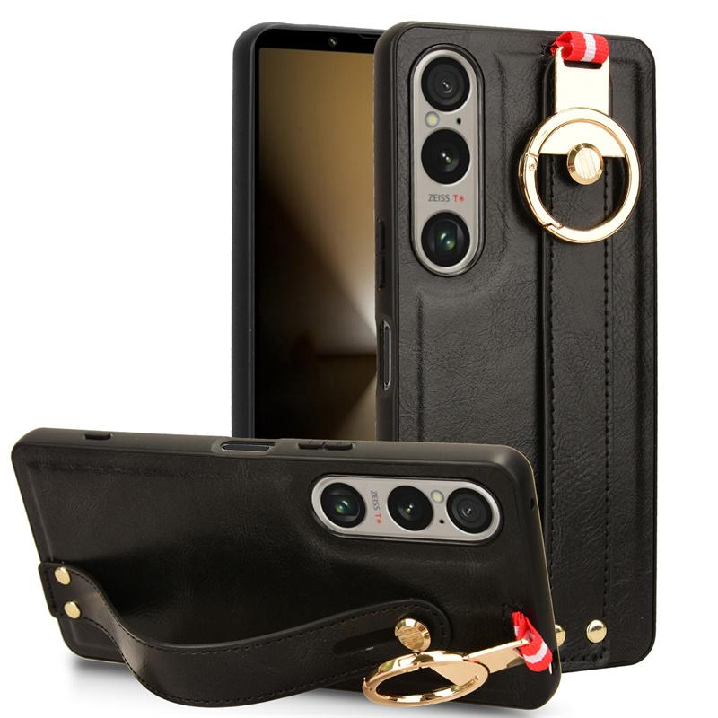 Luxuriöses Lederetui mit Armband und Standfunktion für Sony Xperia 1 10 VI 5 V IV III mit Ringöffner, ultradünne, stoßfeste Schutzhülle Sony Xperia 5 V schwarz