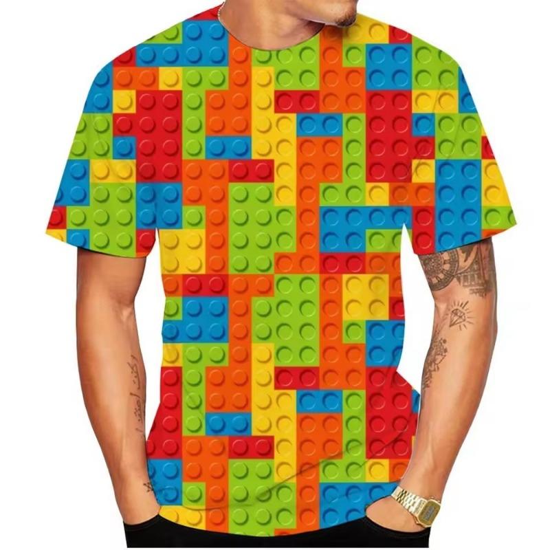 Retro-Baustein-T-Shirt mit 3D-Druck, Puzzle, Videospiele-Muster, lockere Straße, kurze Ärmel, Y2k-T-Shirts 6XL
