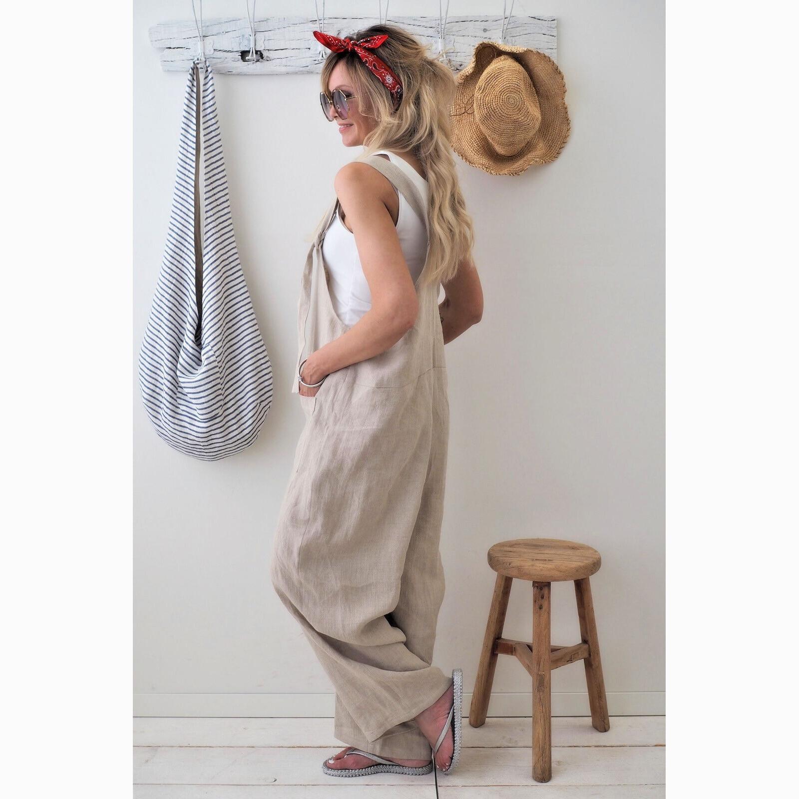 Damen-Overall, Spaghettiträger, breites Bein, Latzhose mit Taschen, Baumwoll-Leinen-Overall, lässiger, lockerer Playsuit XXL khaki