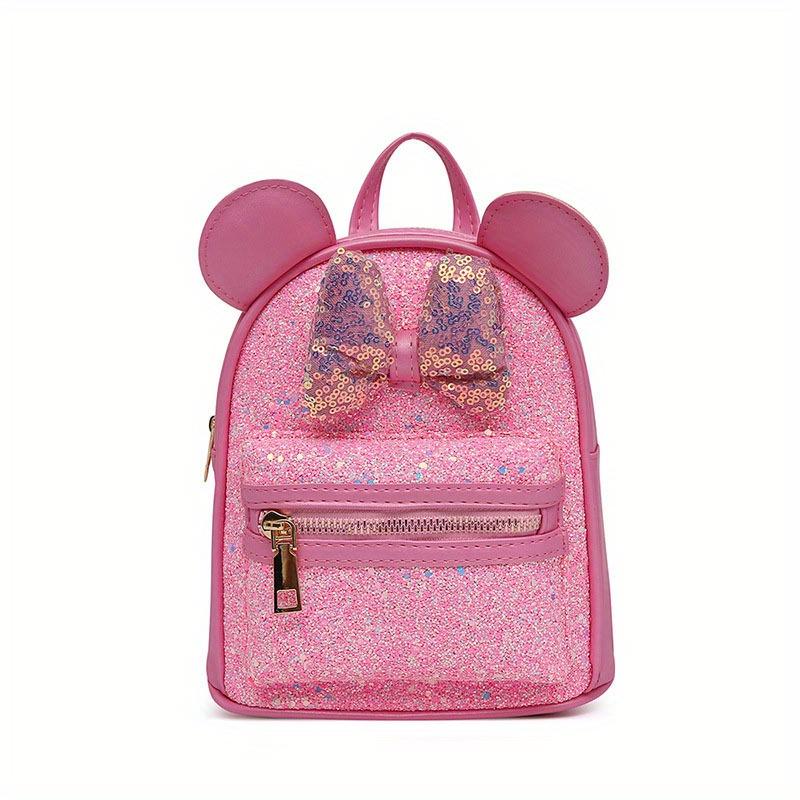 Niedlicher Kinder-Rucksack mit Pailletten, Schleifenohren, trendiger, süßer, glänzender Rucksack, ideale Wahl für Geschenke tief rosa