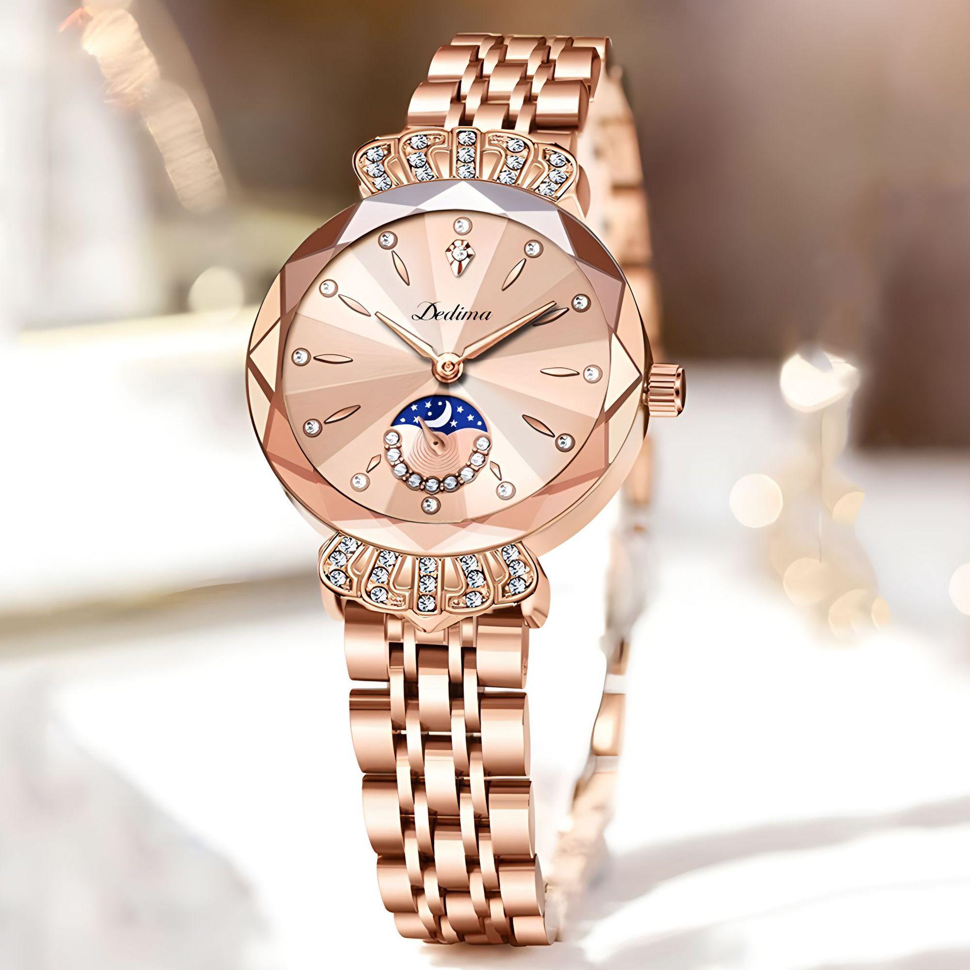 Mode Rose Gold Damen Solide Stahl Band Wasserdichte Uhr Luxus Diamant Bogen Schnalle Uhr Sonne Mond Sterne Damen Uhr rose gold