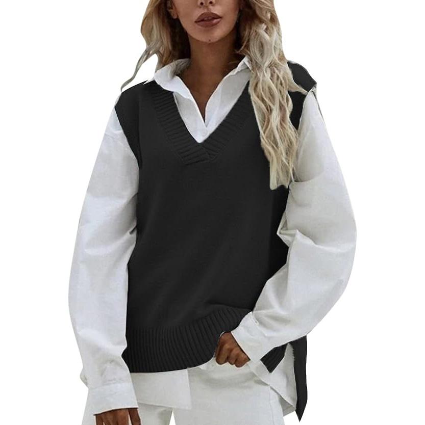 Damen Strickweste, ärmellos, V-Ausschnitt, Rippstrick, geteilter Pullover, Pullover, Weste, Bluse, Weste, Hemd One Size schwarz