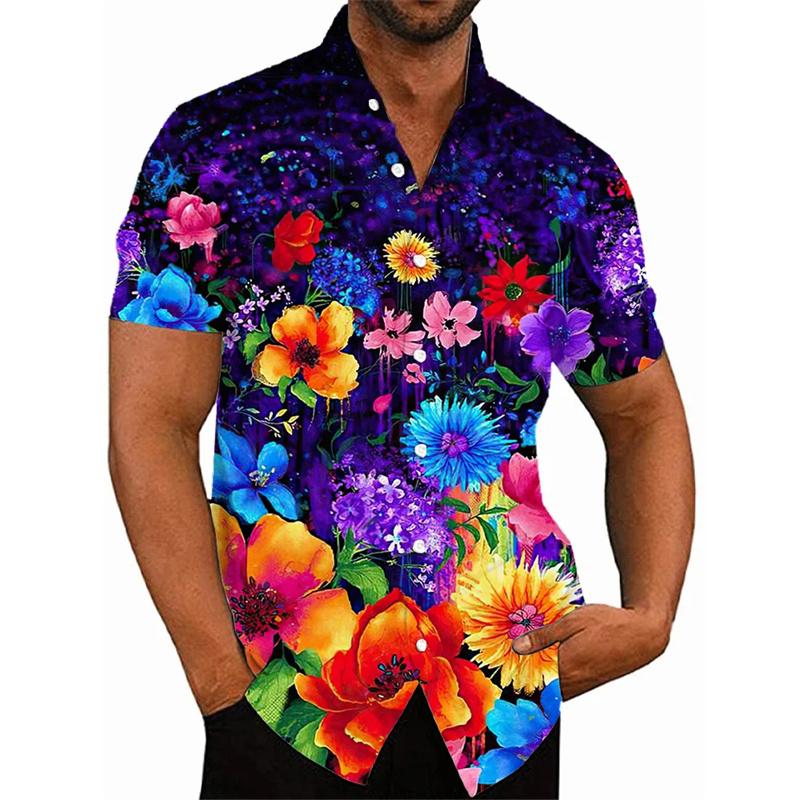 Sommer Neue Harajuku 3D Blumen Druck Shirts Bunte Blumen Grafik Kurze Shirts Für Männer Mode Streetwear Blusen Kleidung 4XL blue