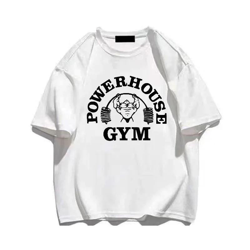Powerhouse Gym Print Baumwoll-T-Shirt Männer Frauen Sportswear Übergroßes T-Shirt Kurzarm-T-Shirt Sommer Fitness-T-Shirts Kleidung Tops XXXXL beige