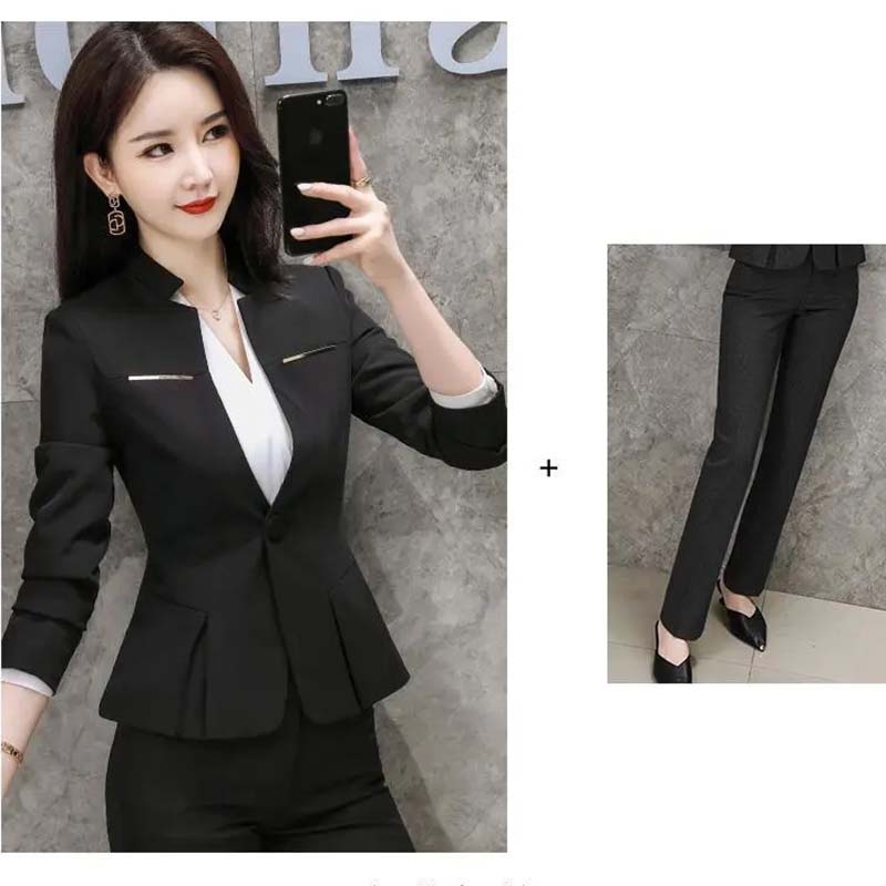 2-teiliger professioneller Blazer-Anzug für Damen, langärmeliger Anzug für Frühling und Herbst, neues Temperament, Verkaufsanzug, Anzug für Vorstellungsgespräche, formelle Arbeitskleidung S schwarz