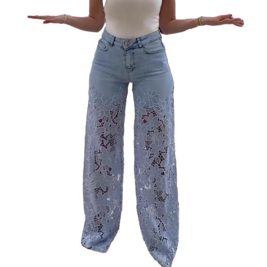 Damen Jeans mit Spitze Patchwork Casual Baggy Straight Wide Leg Denimhose Mid Waist Floral S hellblaue