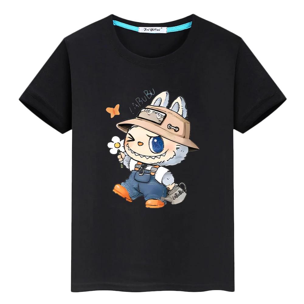 labubu 100% Baumwolle T-Shirt für Kinder Junge 10 Jahre Kleinkind Mädchen Kleidung Kawaii Oberteile Anime Kurz Stolz T-Shirt Y2K Kinderkleidung Mädchen 130 schwarz