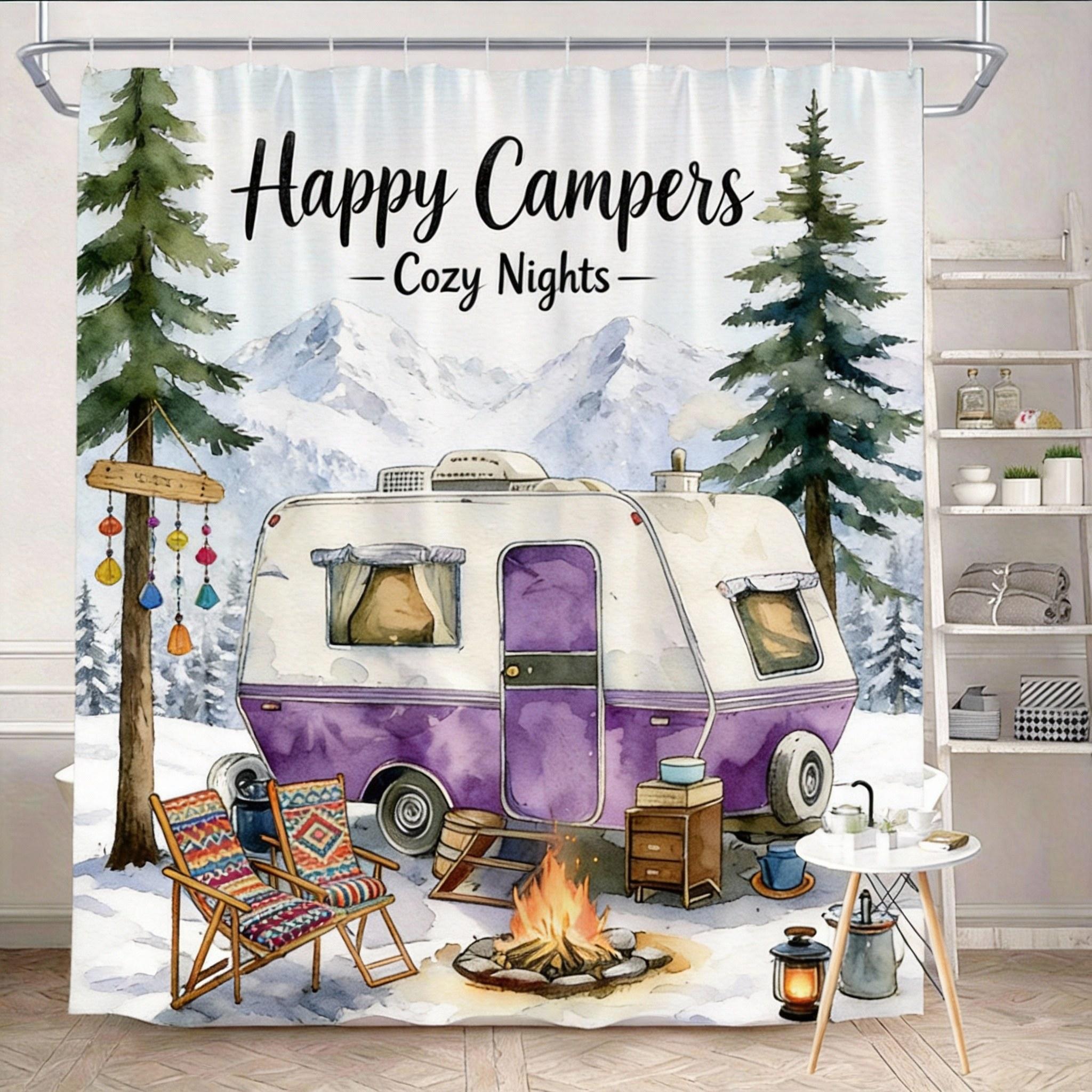 Vintage Wohnwagen Duschvorhang 180x180cm – Happy Campers, Waschmaschinenfest, 12 Haken Badezimmer dekorativer Duschvorhang 90X180cm(35x70in)
