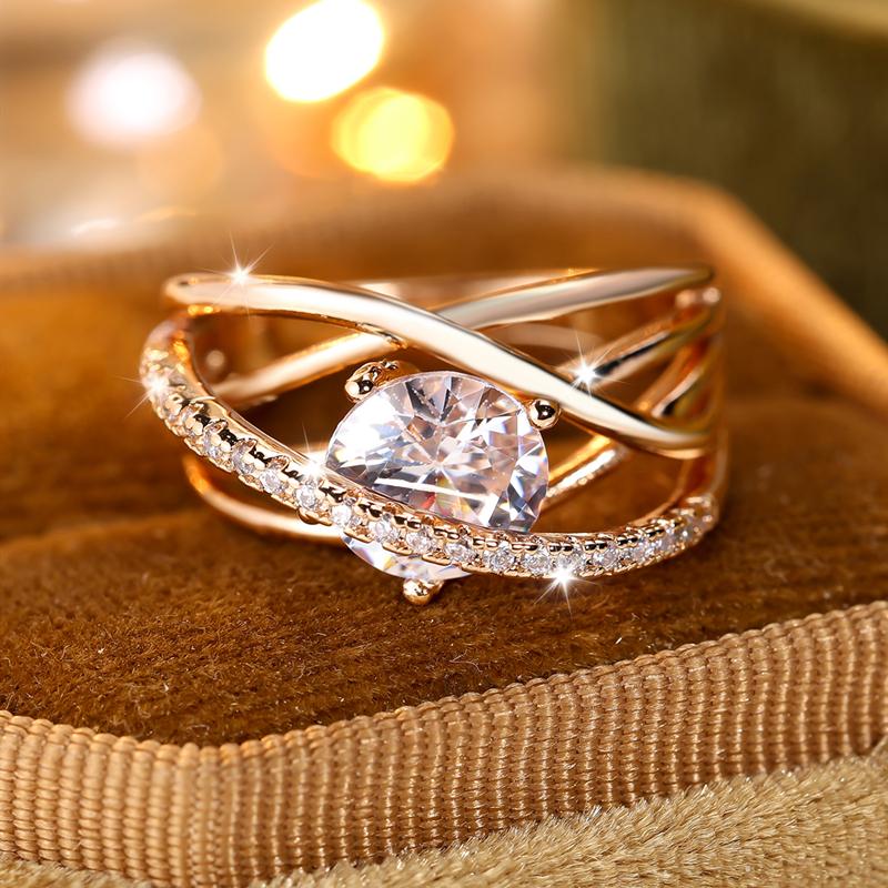 Exquisite kreuzförmige weiße Zirkonia-Ringe für Frauen, Braut- und Hochzeitsringe, glänzende Goldfarbe, CZ-Modeschmuck 10 gold
