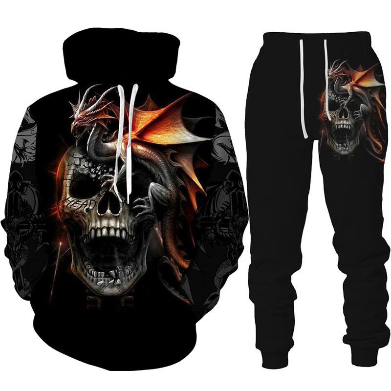 Retro Dragon Tattoo 3D-Druck Herren Damen Trainingsanzug-Sets Casual Hoodie + Hose 2-teiliges Set Übergroßes Sweatshirt Mode Herrenbekleidung 2XL