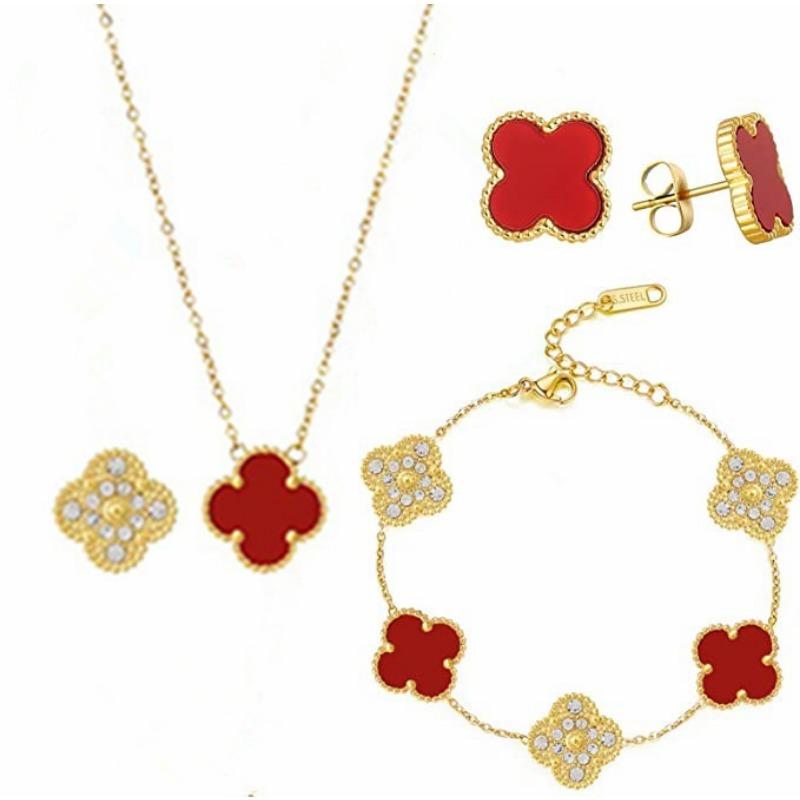 3-teiliges neues diamantbesetztes Kleeblatt-Halsketten-Armband-Ohrring-Set 3pcs rot