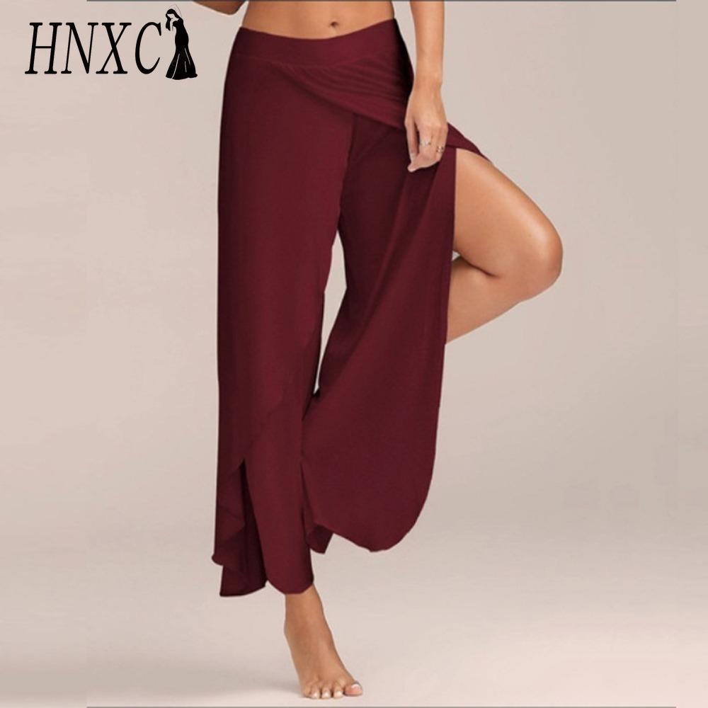 HNXC 10 Farben Damen Palazzo Boho Weitbein Hose Chiffon Rock Schlaghose Yoga Hose Übergröße XXXL bordeaux