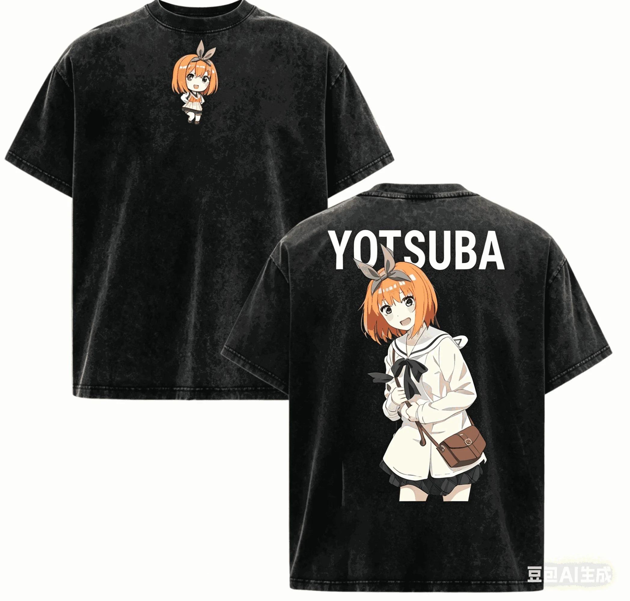 Stylisches gewaschenes schwarzes Oversized-T-Shirt mit Itsuki Nakano Chibi und Manga-Prints aus The Quintessential Quintuplets XXL