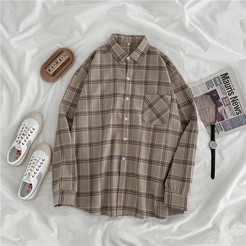 Frauen Hemd Plaid Übergroßen Braun Top Drehen-unten Kragen Freizeit Mode Lose Alle-spiel Lange Ärmel Weiche Chic koreanische Top XL khaki