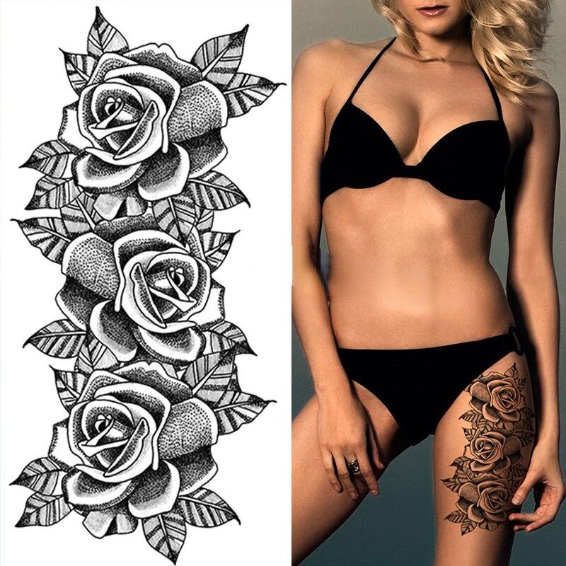 Frauen Sexy Temporäre Tattoo Aufkleber Schwarz Rosen Muster Volle Blume Design Verwendet für Arm Körper Kunst Große Große Gefälschte Tattoo Aufkleber 19*9.6cm