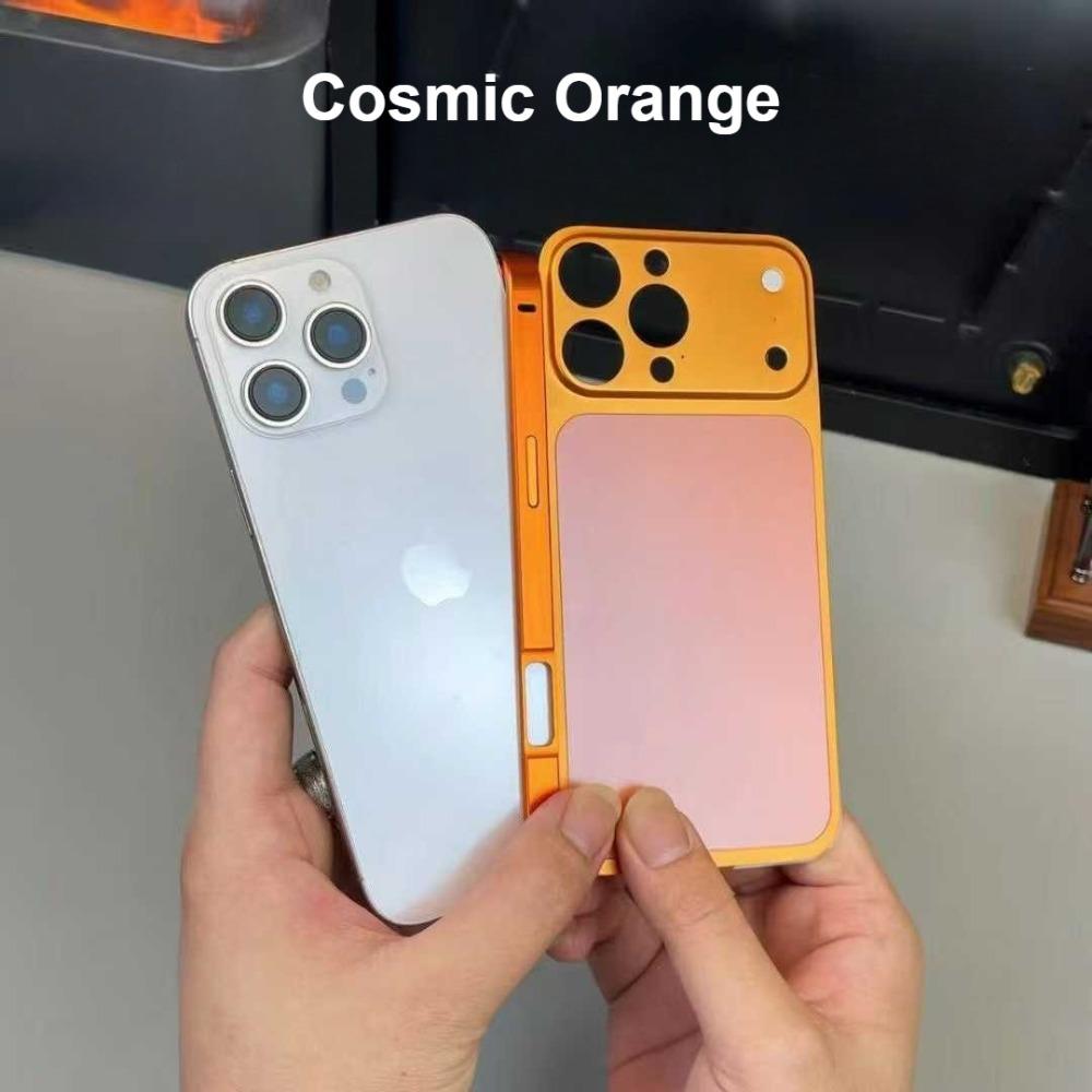 Legierungsmetallrahmenhülle für IPhone 16 15 14 13 Pro Max Zweites Upgrade auf IPhone 17 Pro Max Großes Fenster Rückwand Sturzsichere Hülle iPhone 16 Pro Max orange