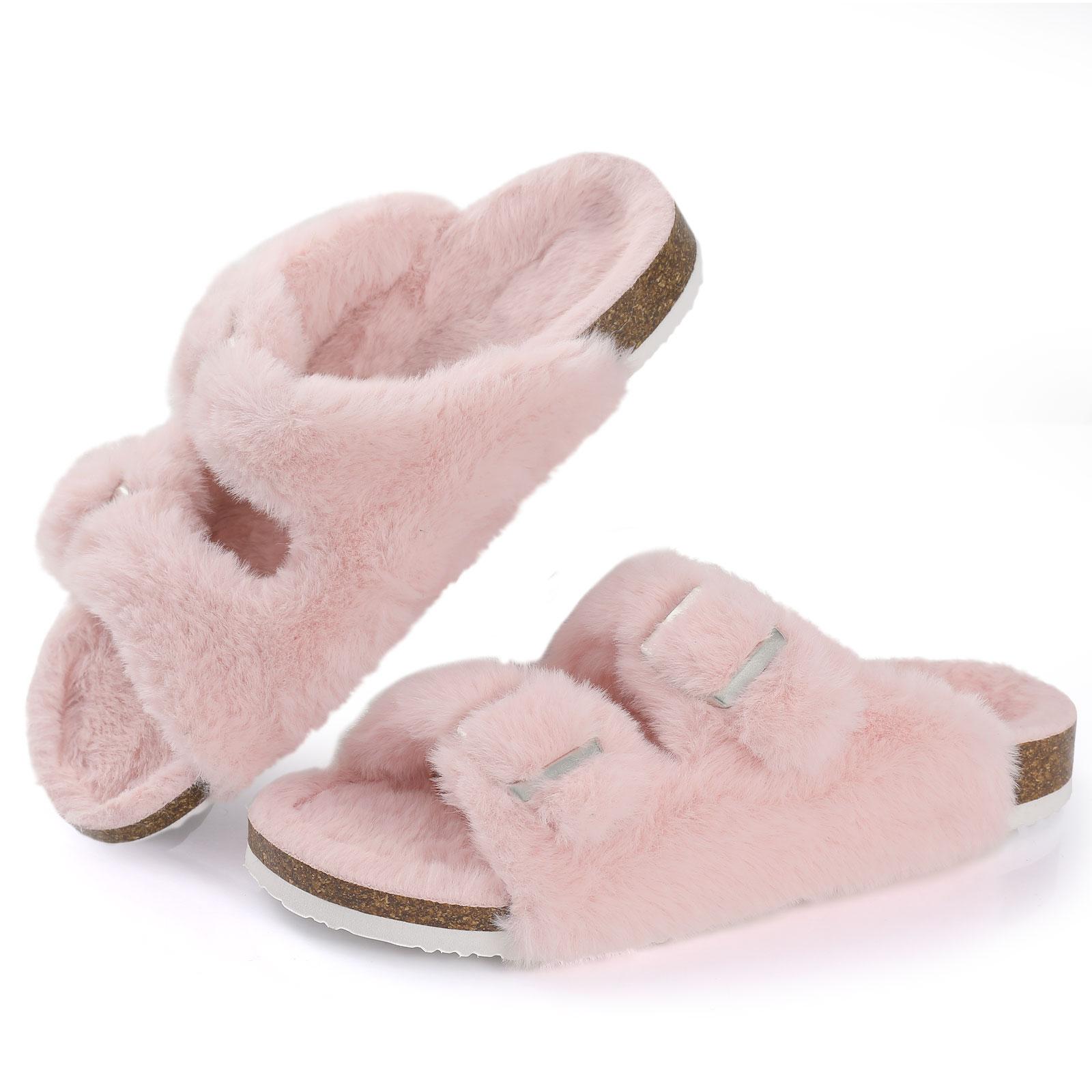 Mode Comwarm Mode Fell Kork Hausschuhe Damen Winter Flauschiges Fell Zuhause Pantoletten Offene Zehen Korkfußbett Fellige Kork Sandalen mit Fußgewölbestütze 41(25.5cm) rosa