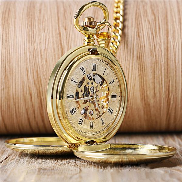Vintage-Taschenuhren für Herren, hohles goldfarbenes Gehäuse, Taschenuhr mit Kette, römische Skala, mechanisches automatisches Uhrwerk, Halskette, Anhänger, Herrenuhr gold