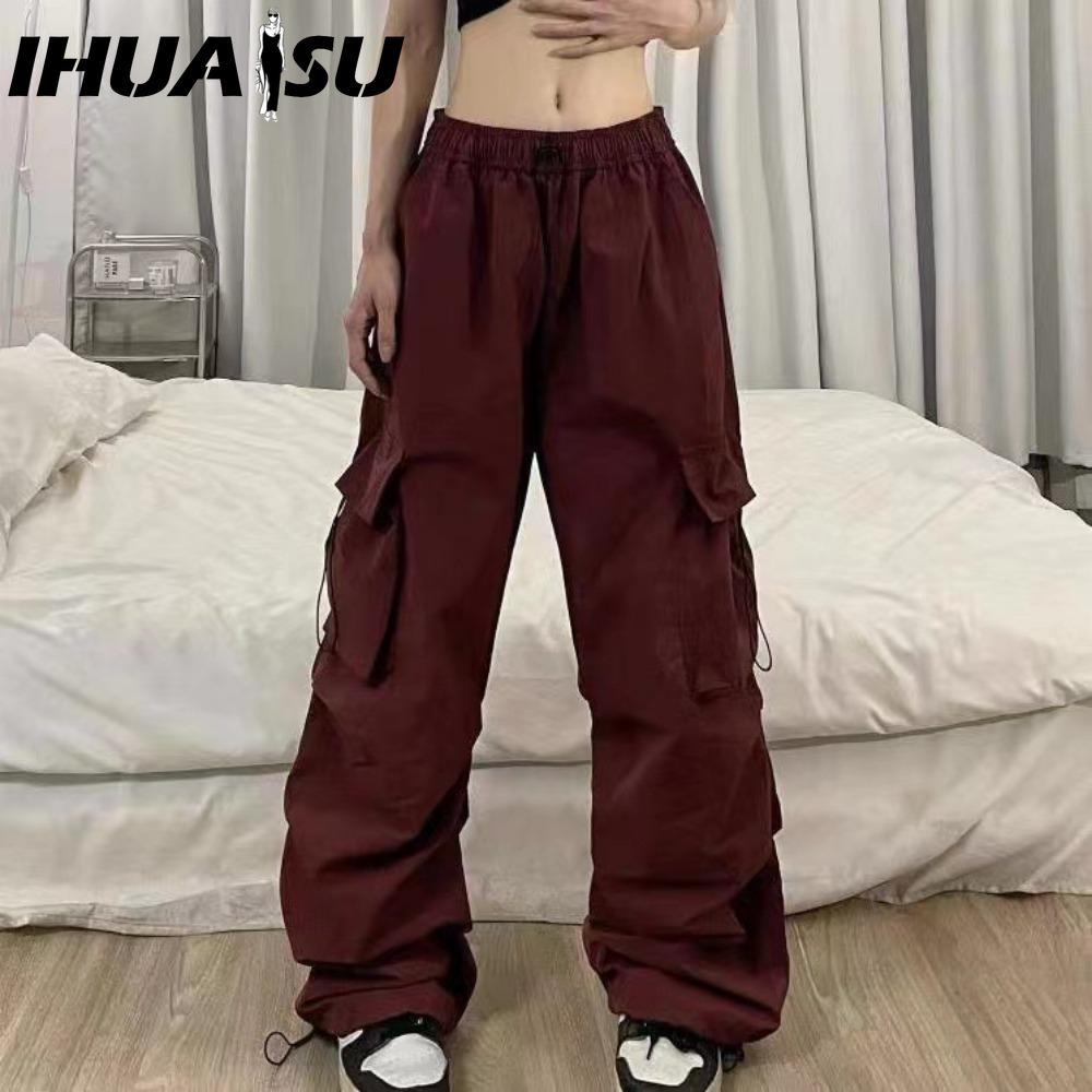 IHUASU Damen Hip Hop Cargo Hose Baggy Einfarbig Elastischer Bund Hose Locker Atmungsaktiv Damen Hose XL bordeaux