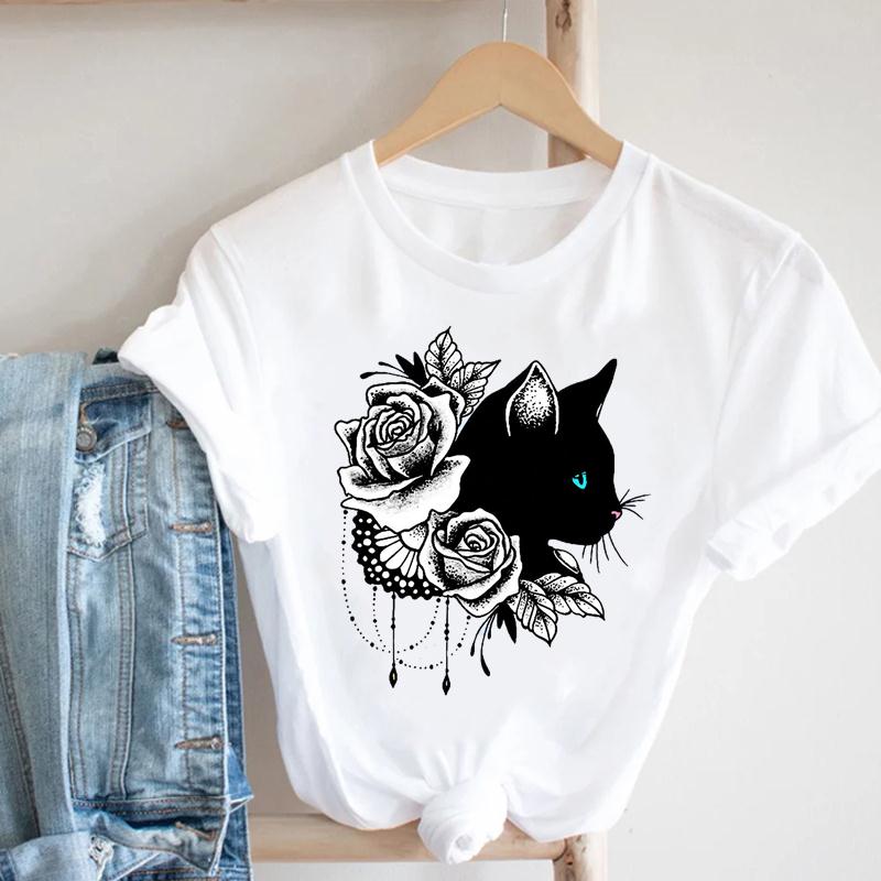 T-Shirt Top T-Shirt Katze Blume 90er Jahre Tier Mode Kleidung Frauen Sommer Print Lady Female Kleidung Kurzarm T Casual Cartoon Grafik T-Shirt S